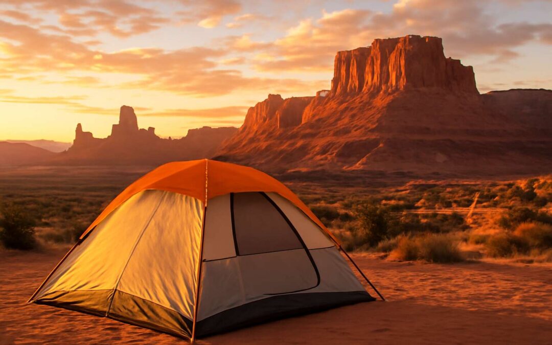Starlit Trails: tent camping moab beside towering arches