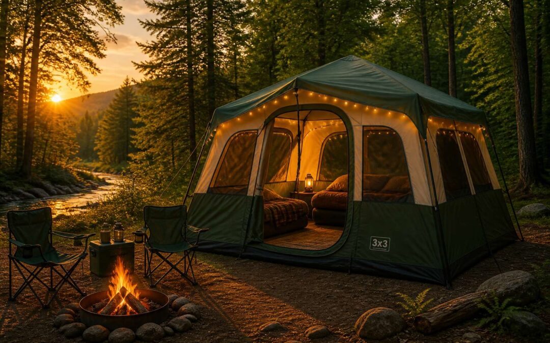 Camping tent 3×3, roomy enough for family and quick to assemble.